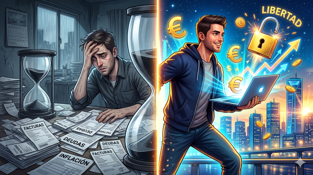 Ilustración del viaje desde el estrés por deudas e inflación (izquierda) hacia la libertad financiera y el éxito (derecha), representado por un hombre que pasa de un escritorio abrumador a un entorno próspero con un ordenador portátil y Euros