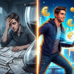 Ilustración del viaje desde el estrés por deudas e inflación (izquierda) hacia la libertad financiera y el éxito (derecha), representado por un hombre que pasa de un escritorio abrumador a un entorno próspero con un ordenador portátil y Euros