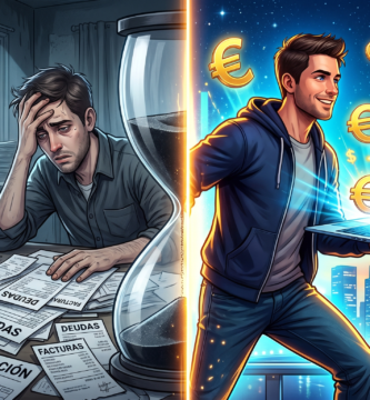 Ilustración del viaje desde el estrés por deudas e inflación (izquierda) hacia la libertad financiera y el éxito (derecha), representado por un hombre que pasa de un escritorio abrumador a un entorno próspero con un ordenador portátil y Euros
